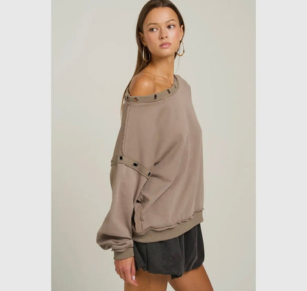 The Elevate, off the shoulder grommet embellished top