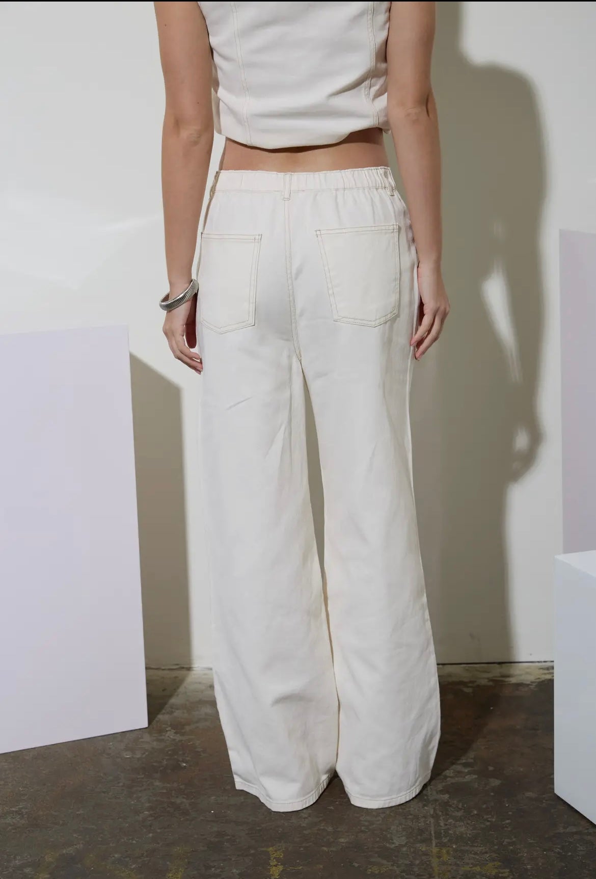 Coastal Breeze Drawstring Wide Leg Ivory Denim Pants