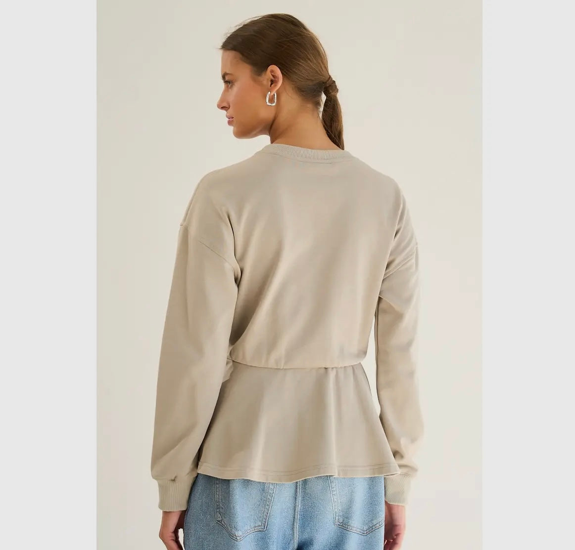 Up lifted, belted peplum sweatshirt