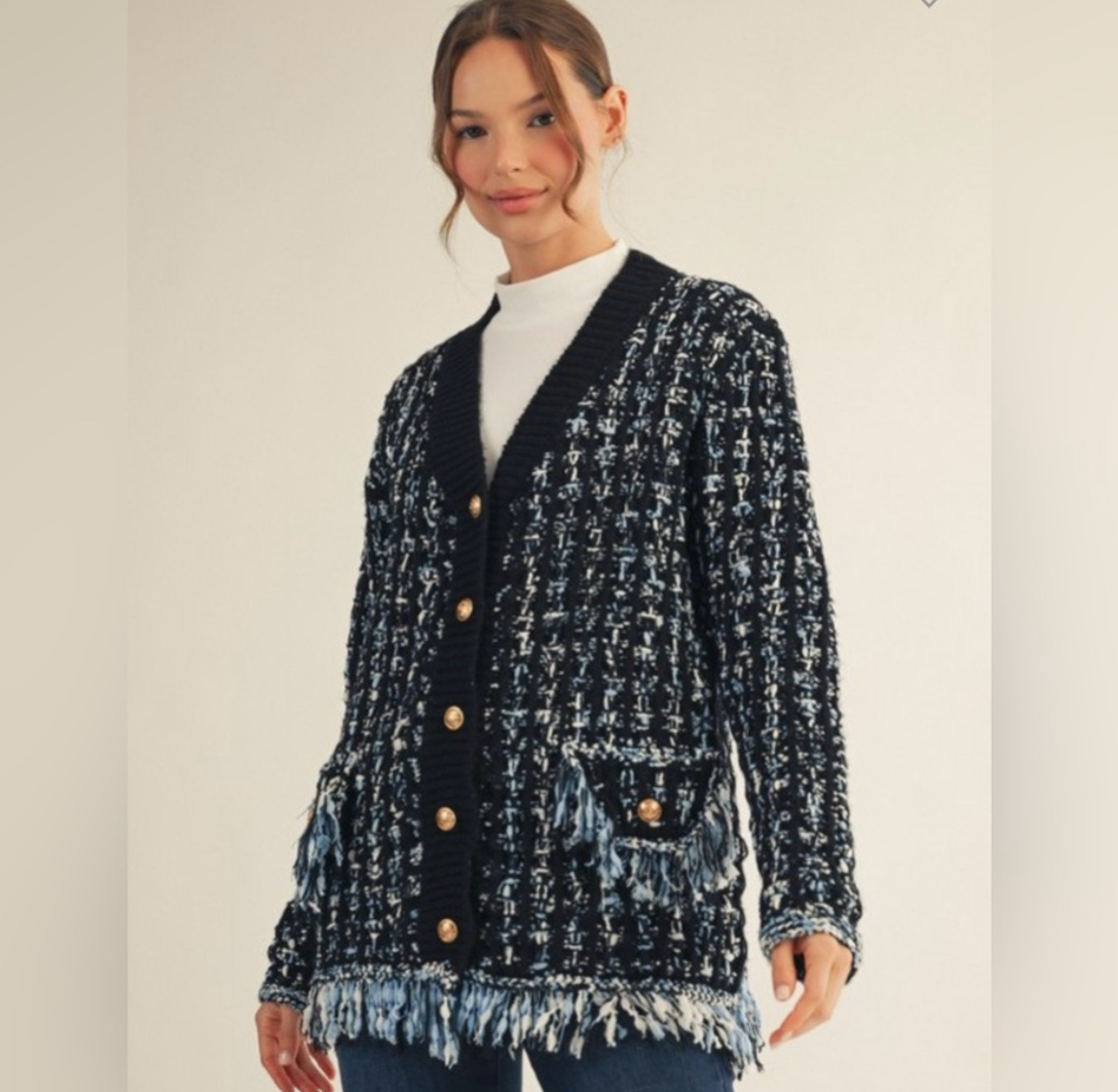 The fifth avenue, tweed fringe cardigan