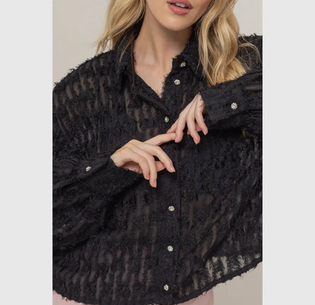 Katelyn, textured sheer sparkle button blouse