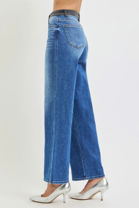 Risen, High Rise Grey Contrast Waistband Wide Leg Jeans