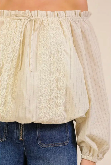 Women’s Ivory Off Shoulder Smocked Lace Blouse
