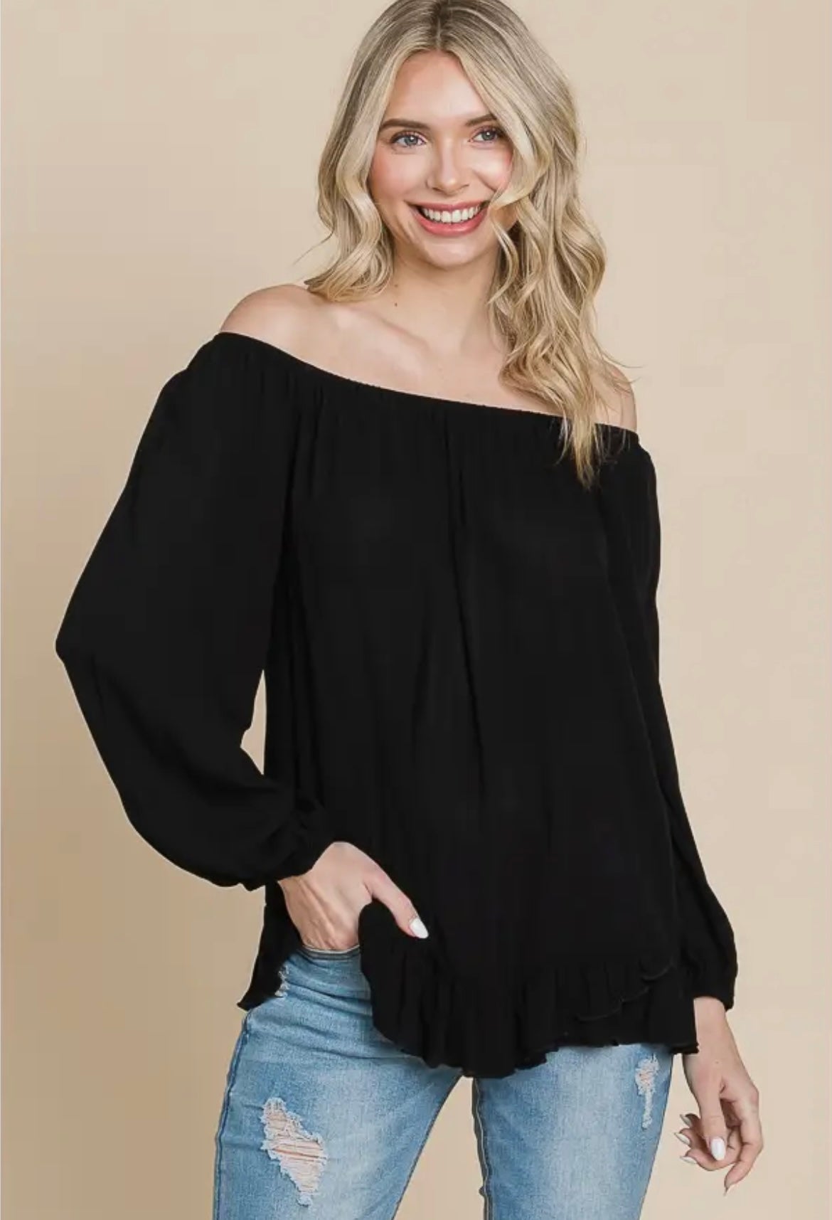 Women’s Convertible Off Shoulder Ruffle Hem Rayon Blouse