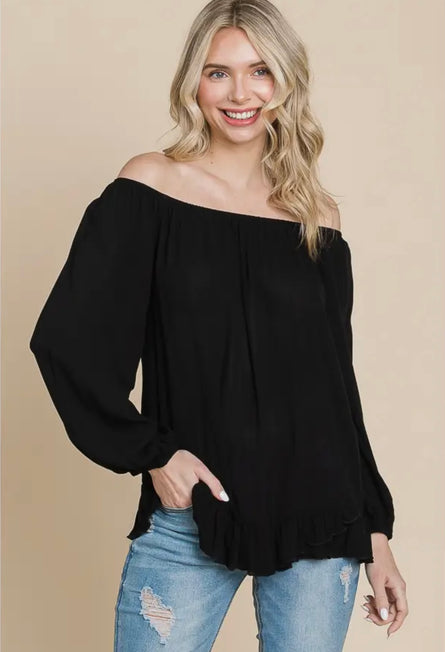Women’s Convertible Off Shoulder Ruffle Hem Rayon Blouse