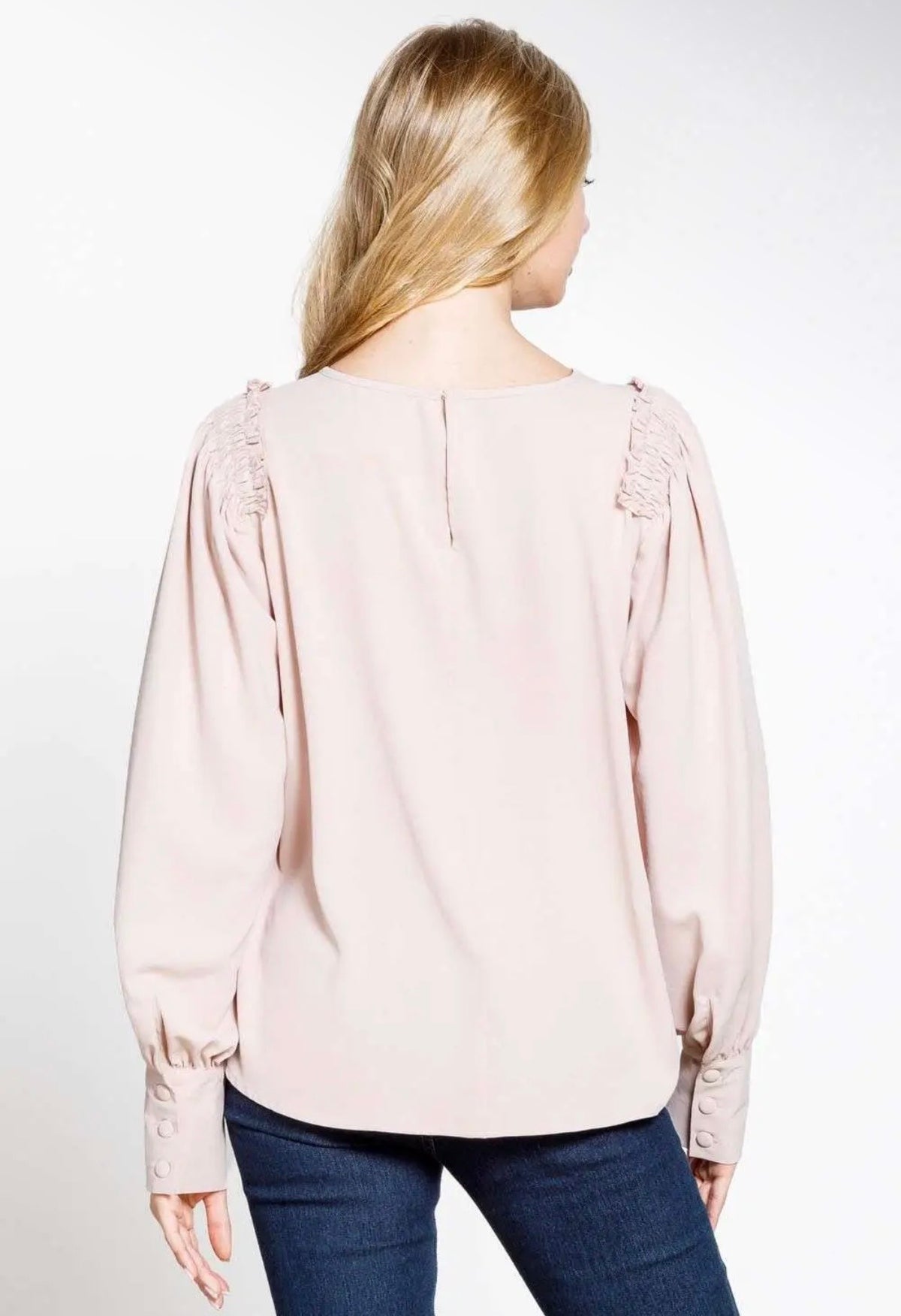 Blush Pink smocked shoulder Long Sleeve Blouse