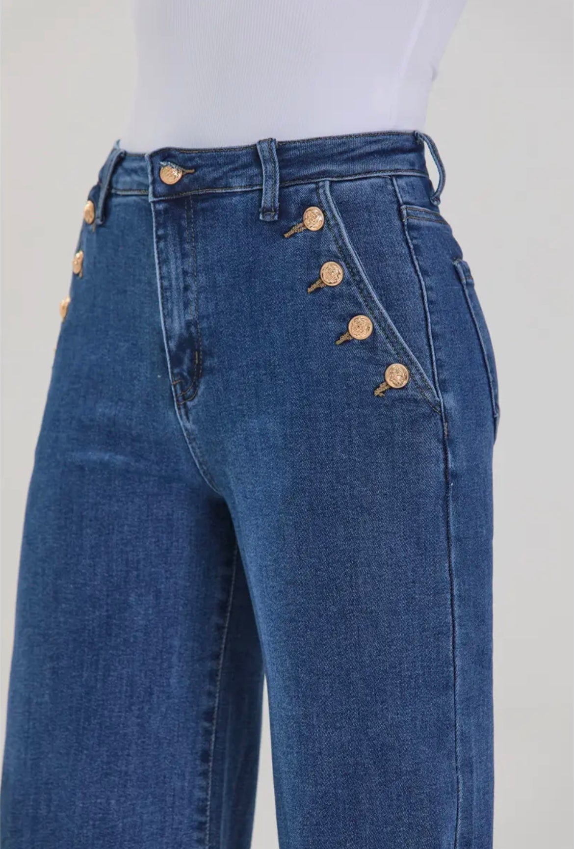 High Rise Sailor Wide Leg Jeans | Women’s Dark Wash Gold Button Denim