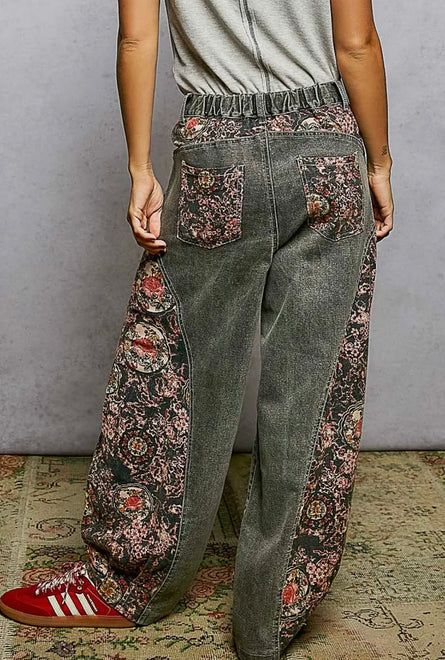 POL, Floral insert Washed Black Barrel pants