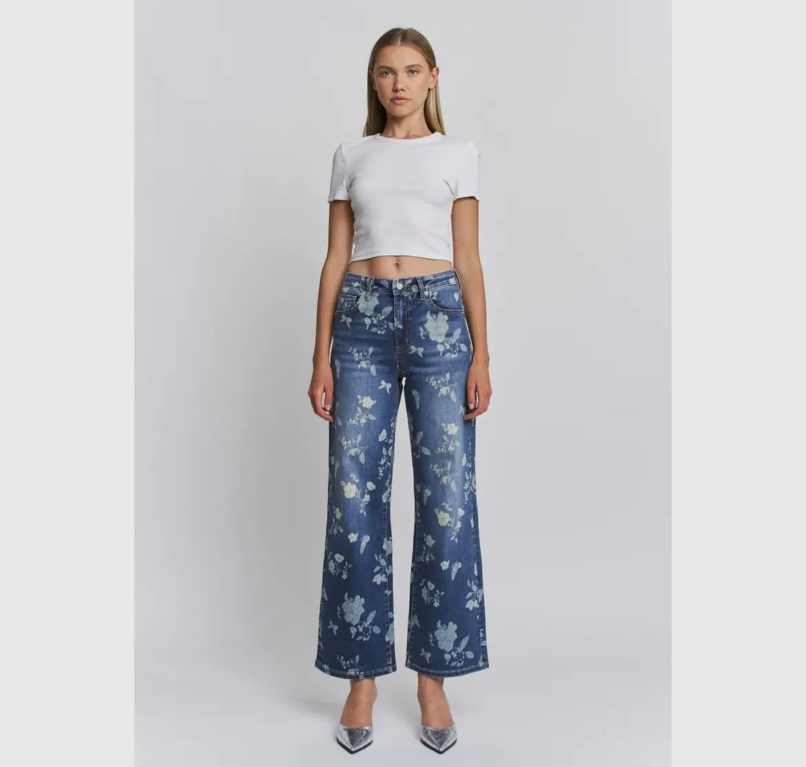 Floral Print Wide Leg Denim Jeans