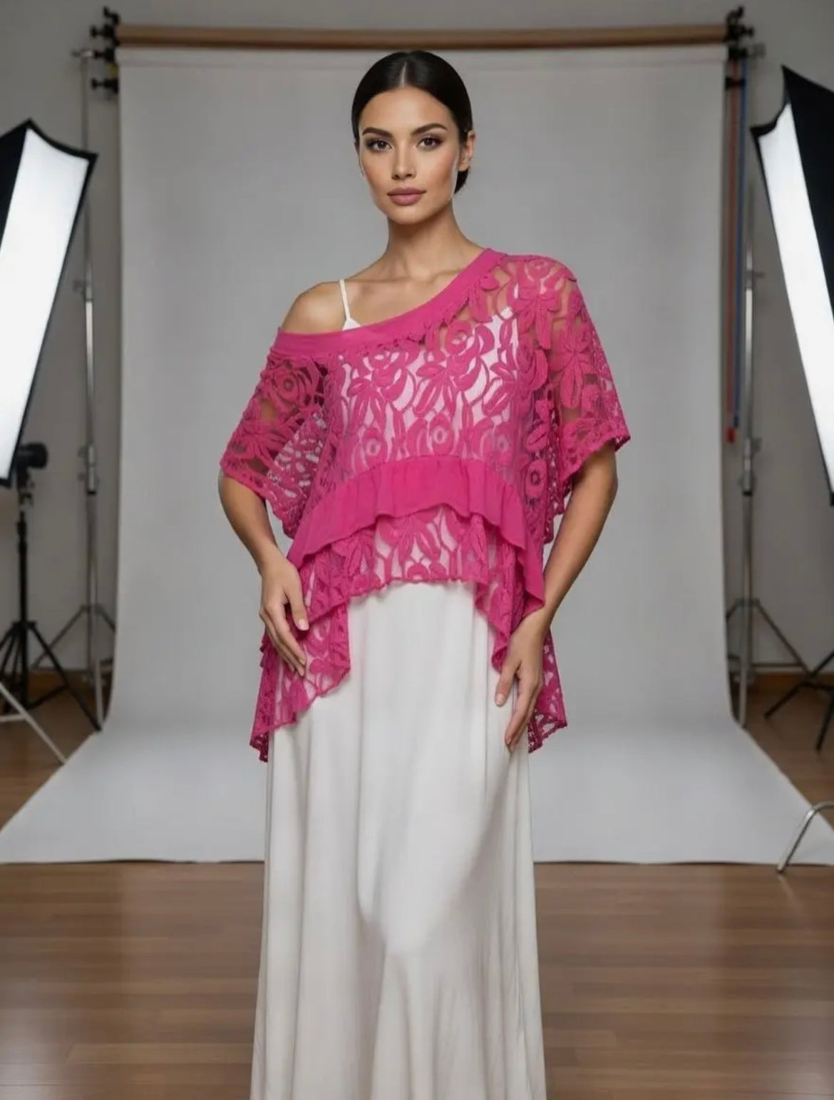 Made in Italy Sheer Lace Oversized Boat Neck Top