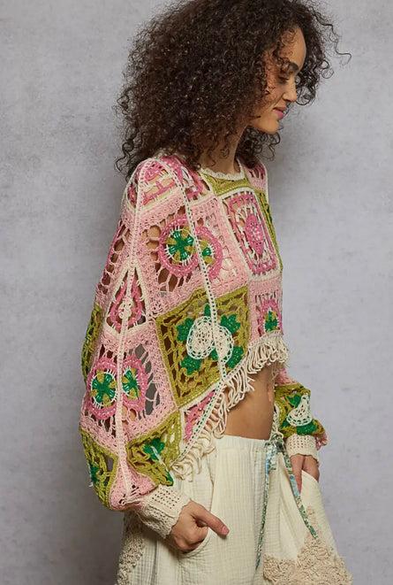 POL, Boho Crochet Patchwork Fringe Sweater Top