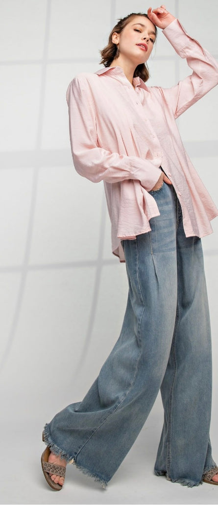 Blush Whisper Relaxed Button Down Blouse – Soft Flowing Collared Top