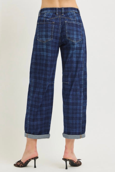 Risen, Indigo slouchy Plaid Barrel Leg Jeans – Cuffed Cropped Denim