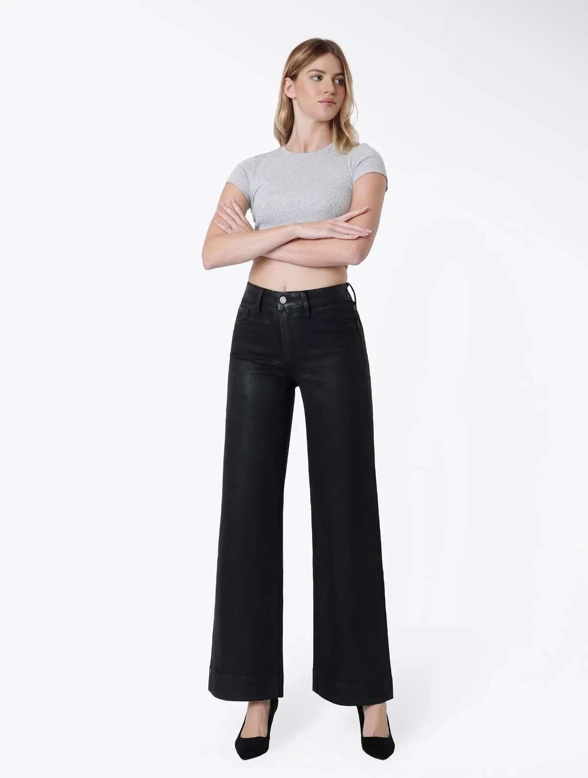 Vervet, Black coated High Rise wide leg jeans