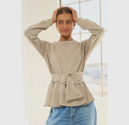 Up lifted, belted peplum sweatshirt
