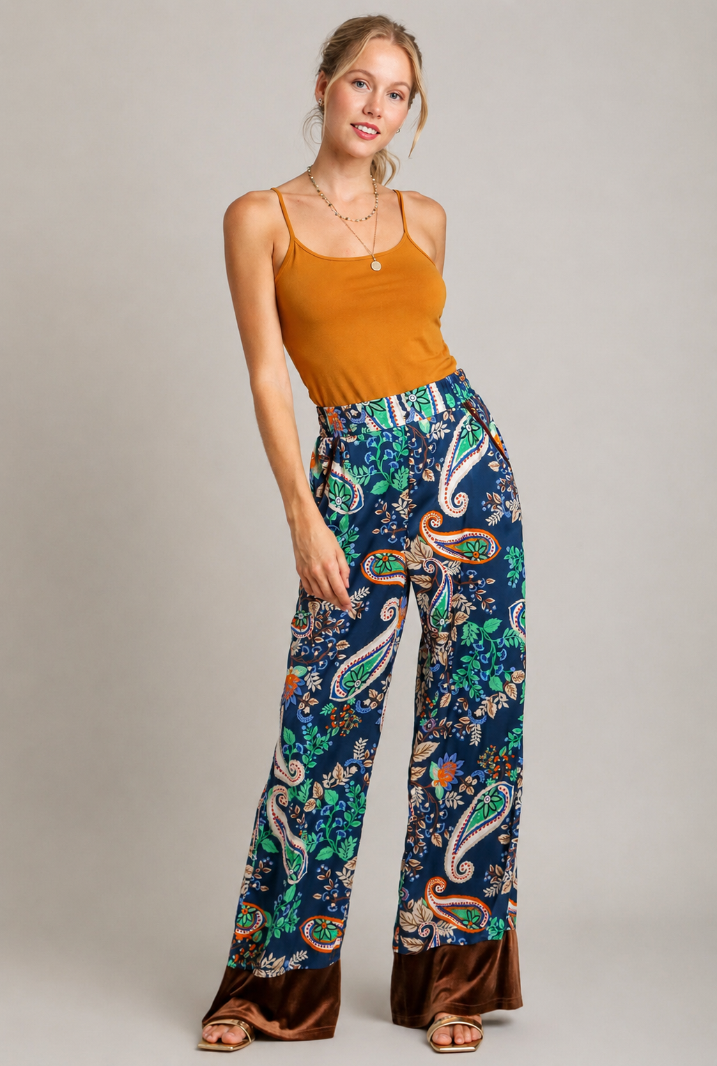 Midnight Paisley Velvet Trim Wide Leg Pants