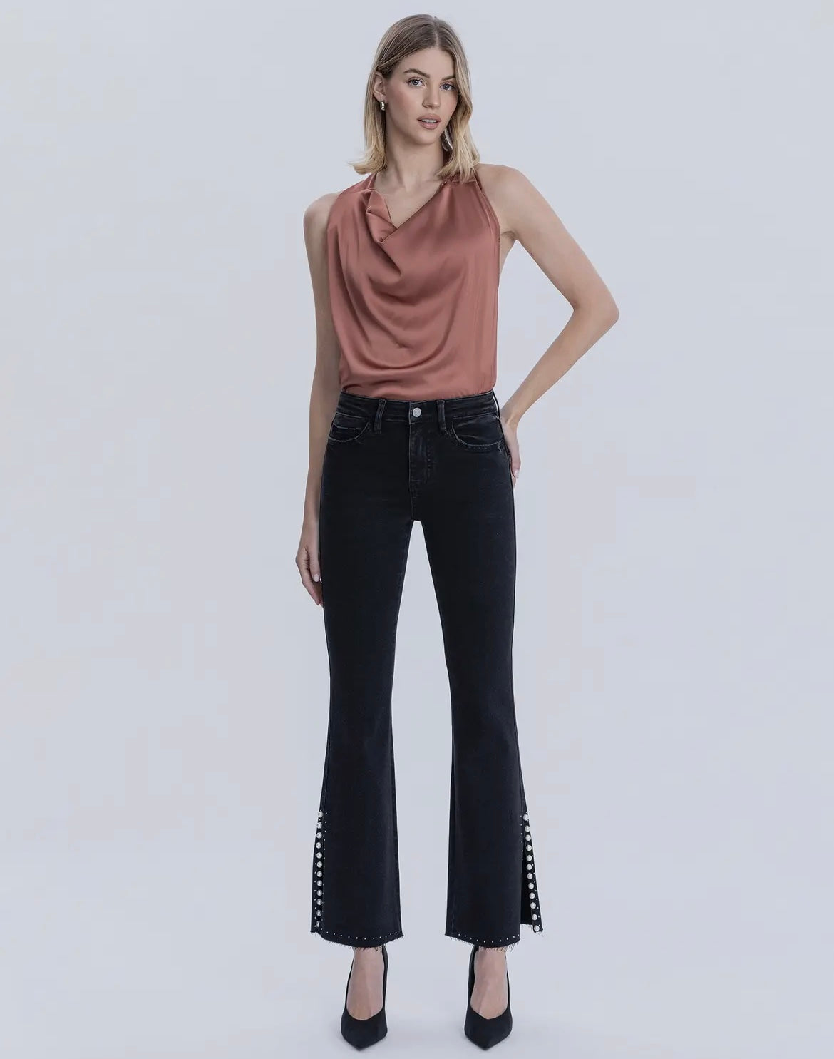 Baby Belle, High-Rise pearl embellished black bootcut jeans