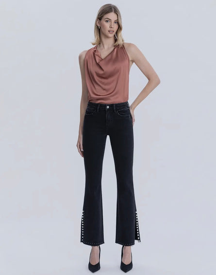 Baby Belle, High-Rise pearl embellished black bootcut jeans
