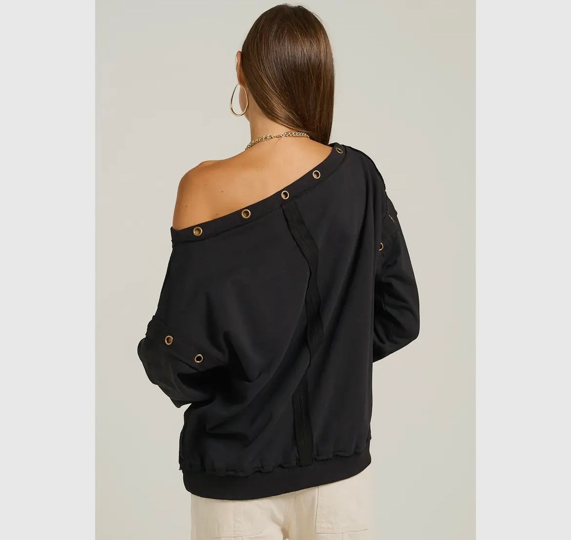 The Elevate, off the shoulder grommet embellished top