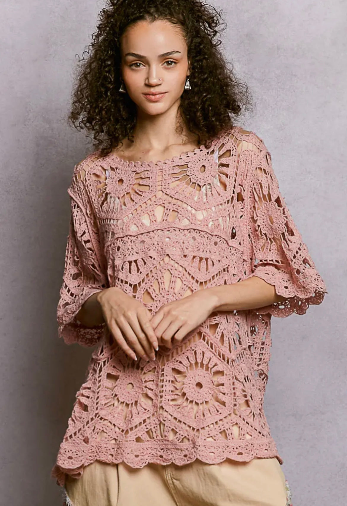 POL, Boho Crochet Lace Tunic Top