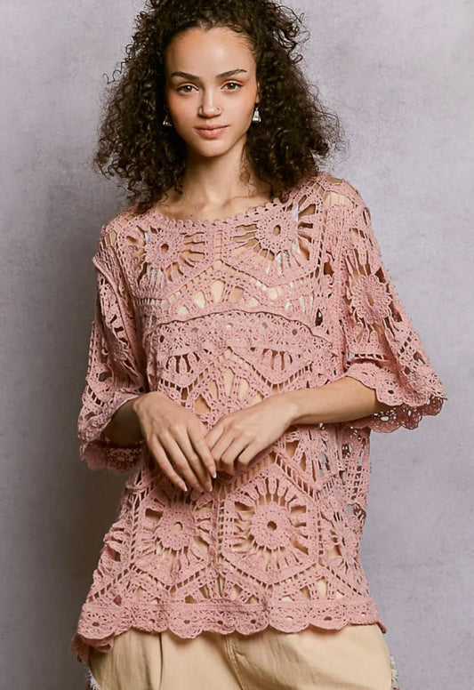 POL, Boho Crochet Lace Tunic Top