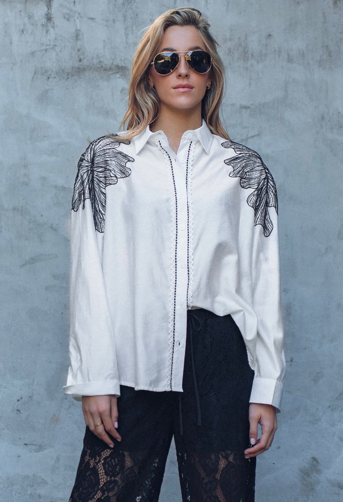 White Embroidered Flower Shoulder Button-Up Shirt