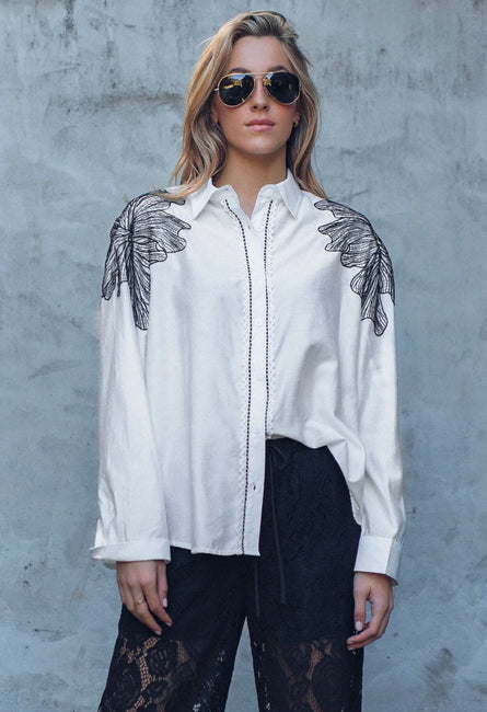 White Embroidered Flower Shoulder Button-Up Shirt