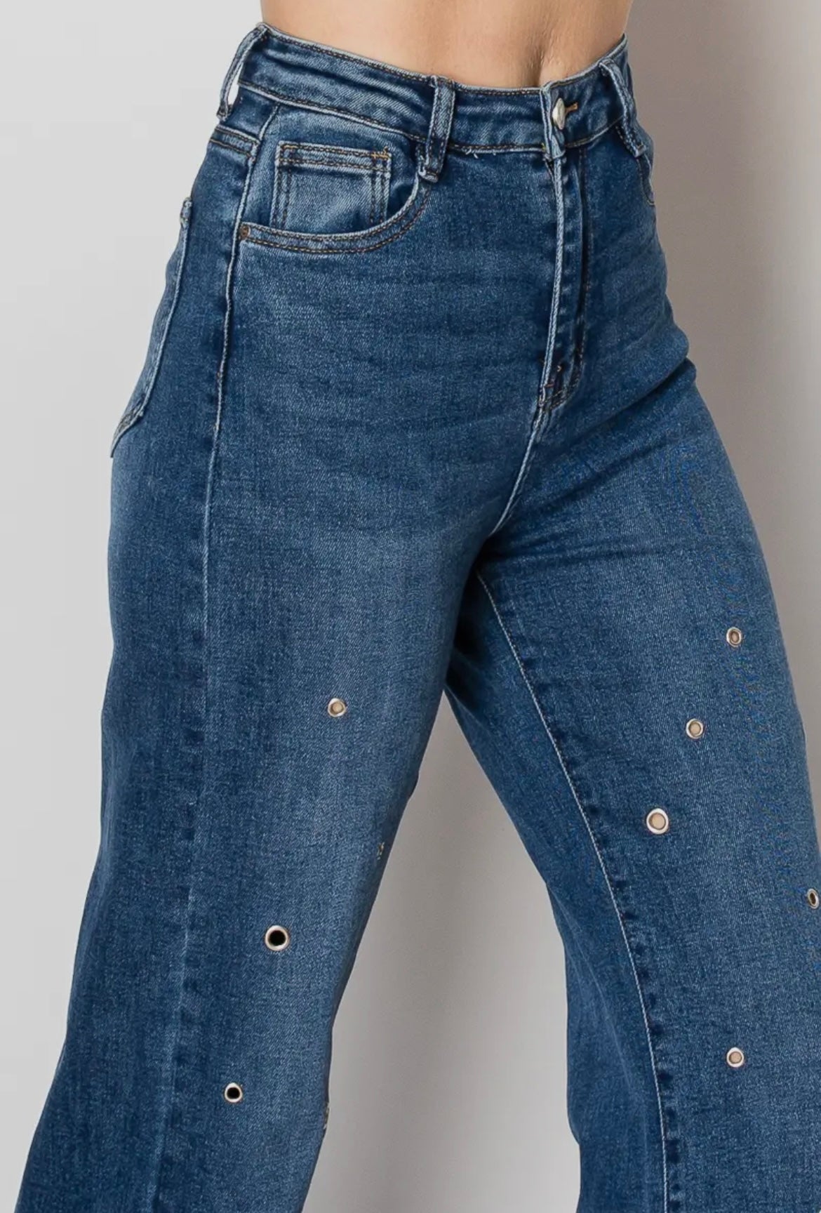 The Grommet, high rise wide leg embellished jeans