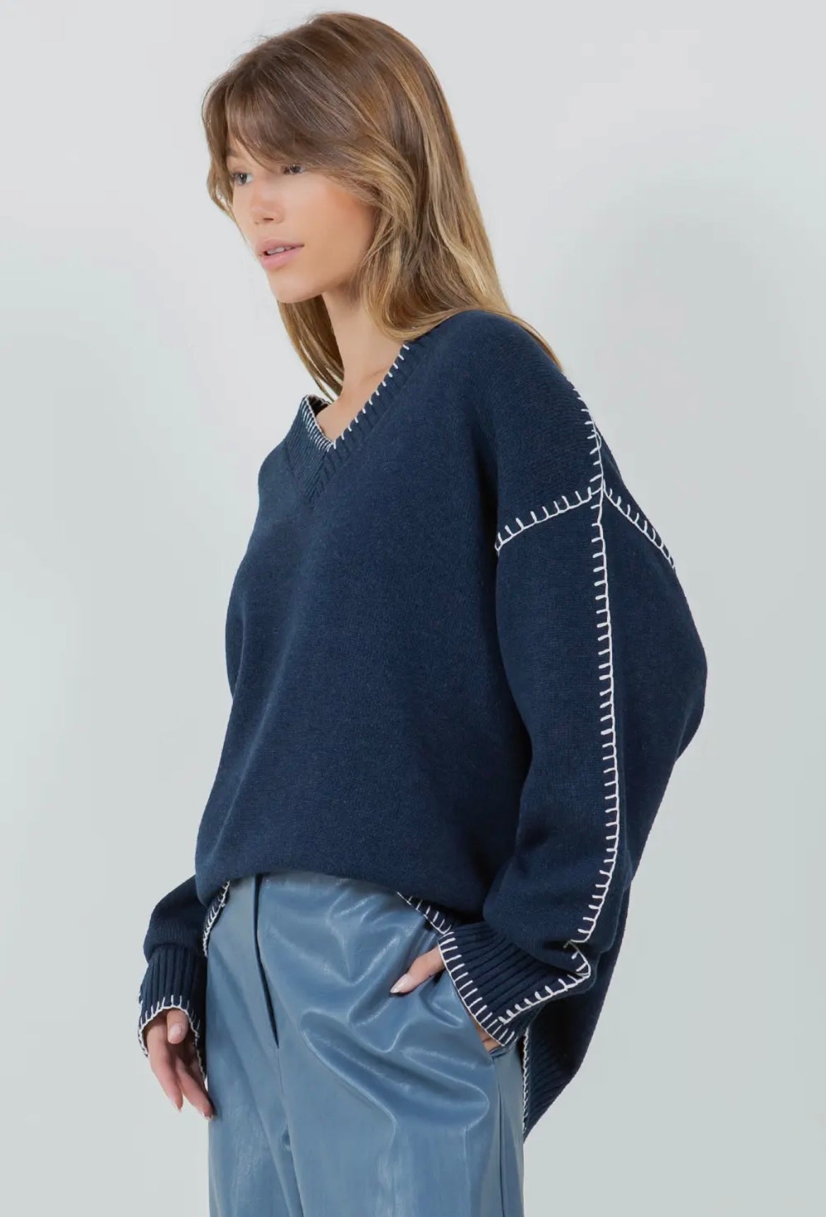 Whipstich, contrast blanket stitched navy sweater