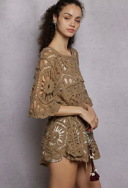 POL, Boho Crochet Lace Tunic Top