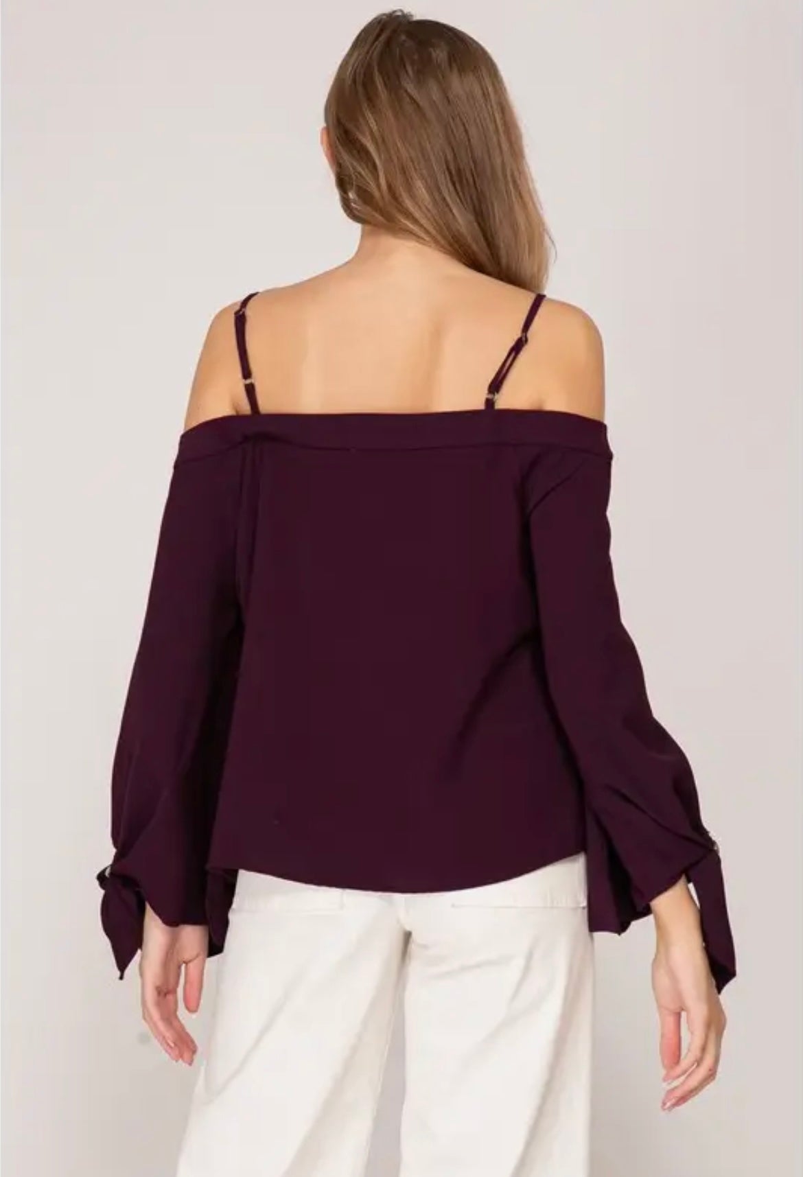 Plum Off-the-Shoulder Buckle Sleeve Blouse