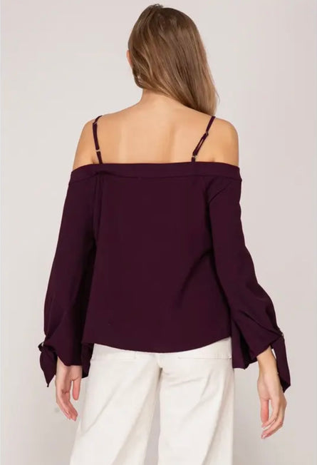Plum Off-the-Shoulder Buckle Sleeve Blouse