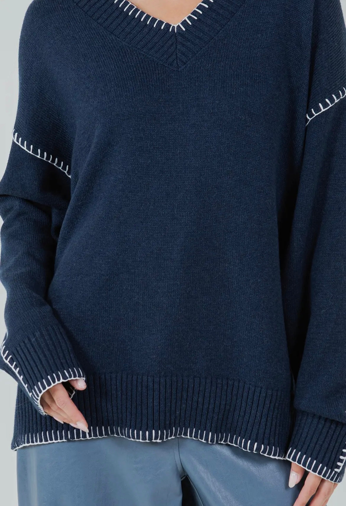 Whipstich, contrast blanket stitched navy sweater