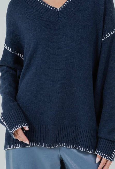 Whipstich, contrast blanket stitched navy sweater