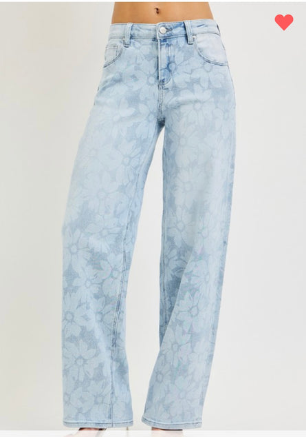 Blue Bloom Wide Leg Floral Denim Jeans – High Rise Statement Spring Jeans