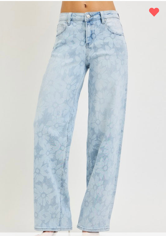 Blue Bloom Wide Leg Floral Denim Jeans – High Rise Statement Spring Jeans