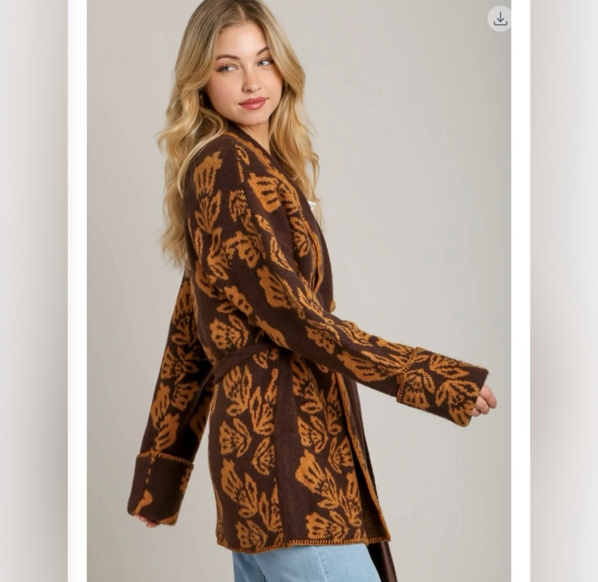 Autumn Ember, jacquard knit belted sweater