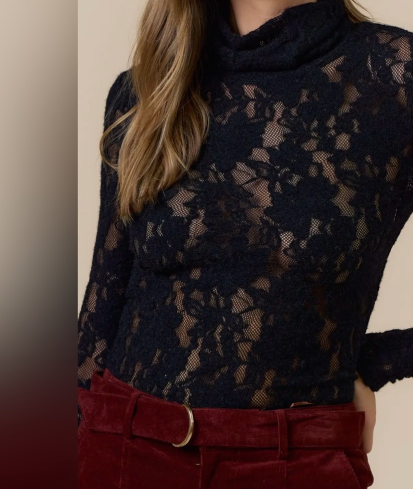 After Dark, lace turtleneck statement top