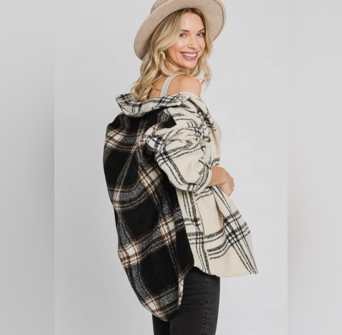 Two sides to every story, contrast plaid brushed shacket