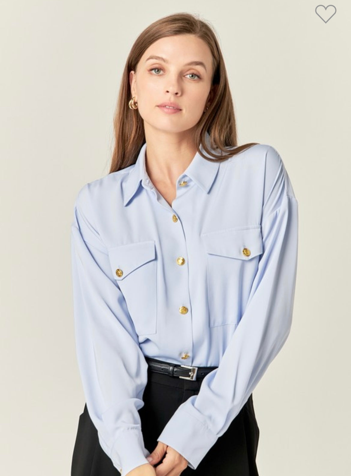Soft Baby Blue, Gold button down blouse