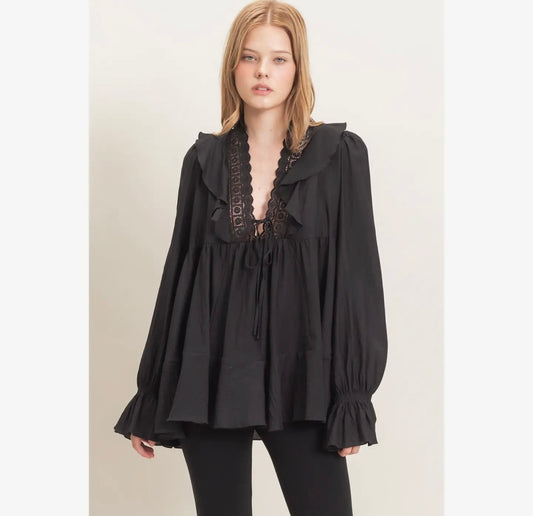 Romantic Lace Boho Ruffle Babydoll Tunic Top