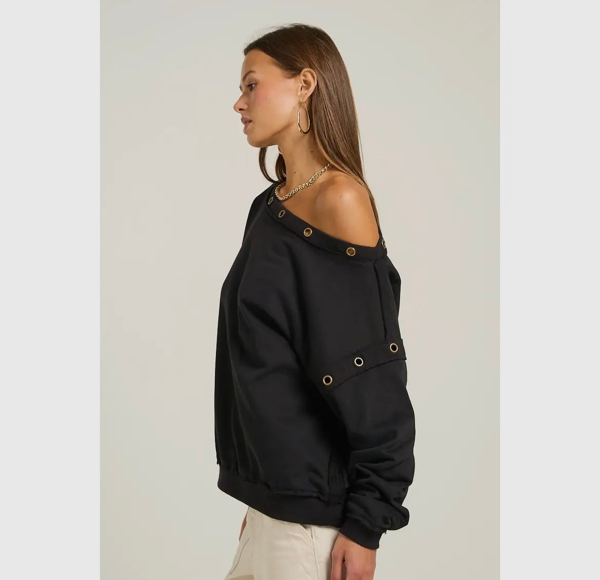 The Elevate, off the shoulder grommet embellished top