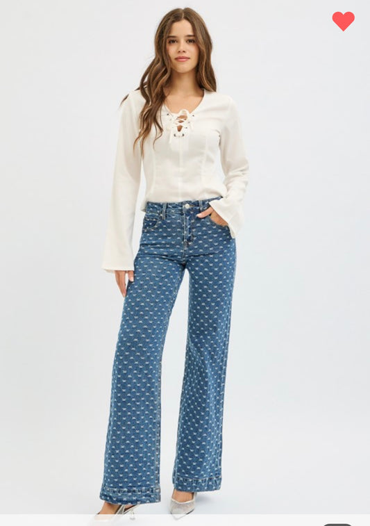 Ribbonette, Bow embroidered wide leg jean