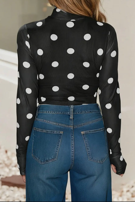 Polka dot, sheer mesh bodysuit with thumb holes