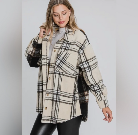Two sides to every story, contrast plaid brushed shacket
