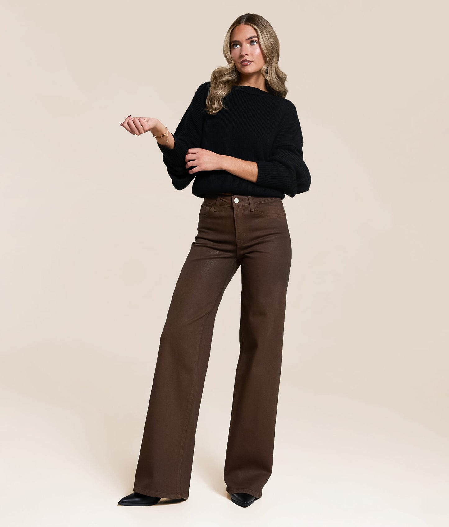 The Olivia Chicory Coffee Wide Leg Coated Denim