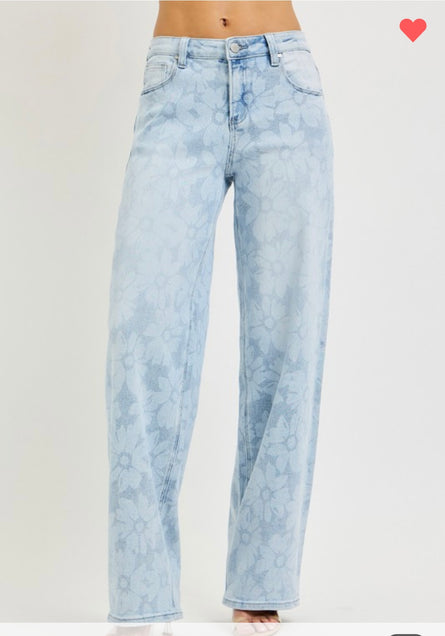 Blue Bloom Wide Leg Floral Denim Jeans – High Rise Statement Spring Jeans