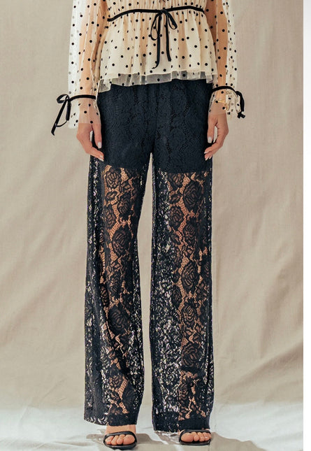 Black Lace Wide-Leg Pants - Elegant Sheer Overlay