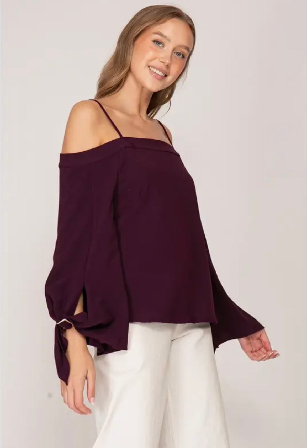 Plum Off-the-Shoulder Buckle Sleeve Blouse
