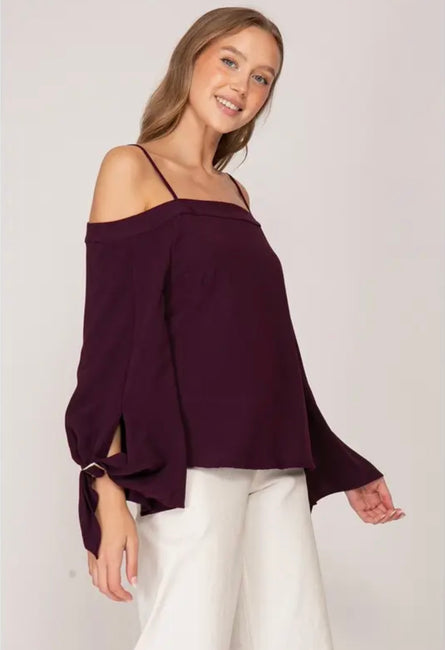 Plum Off-the-Shoulder Buckle Sleeve Blouse